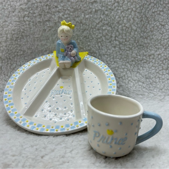 Mud Pie kids plate divided and cup ceramic Prince blue & yellow handcrafted - Picture 1 of 14